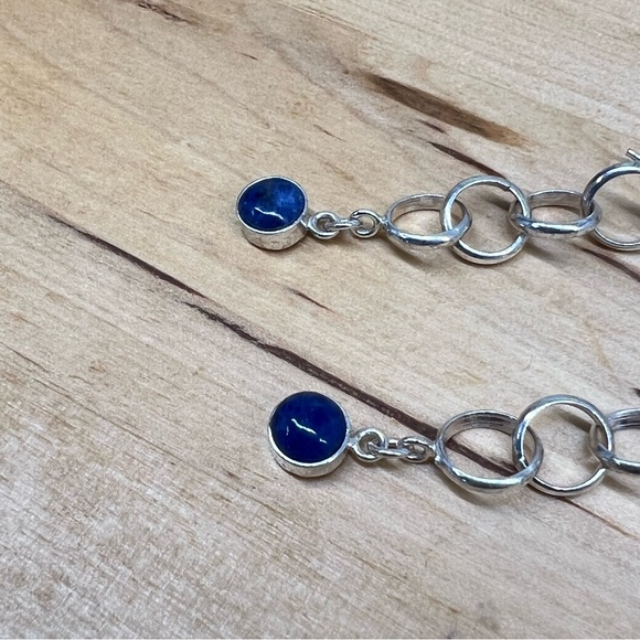 Lapis Lazuli Marked 950 Sterling Silver Modernist Dangle Drop Hook Earrings - Picture 6 of 8